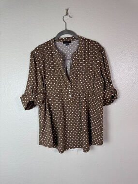Cocomo Blouse Top sz Large Petite Brown White Polka Dot Short sleeve Liquid Knit